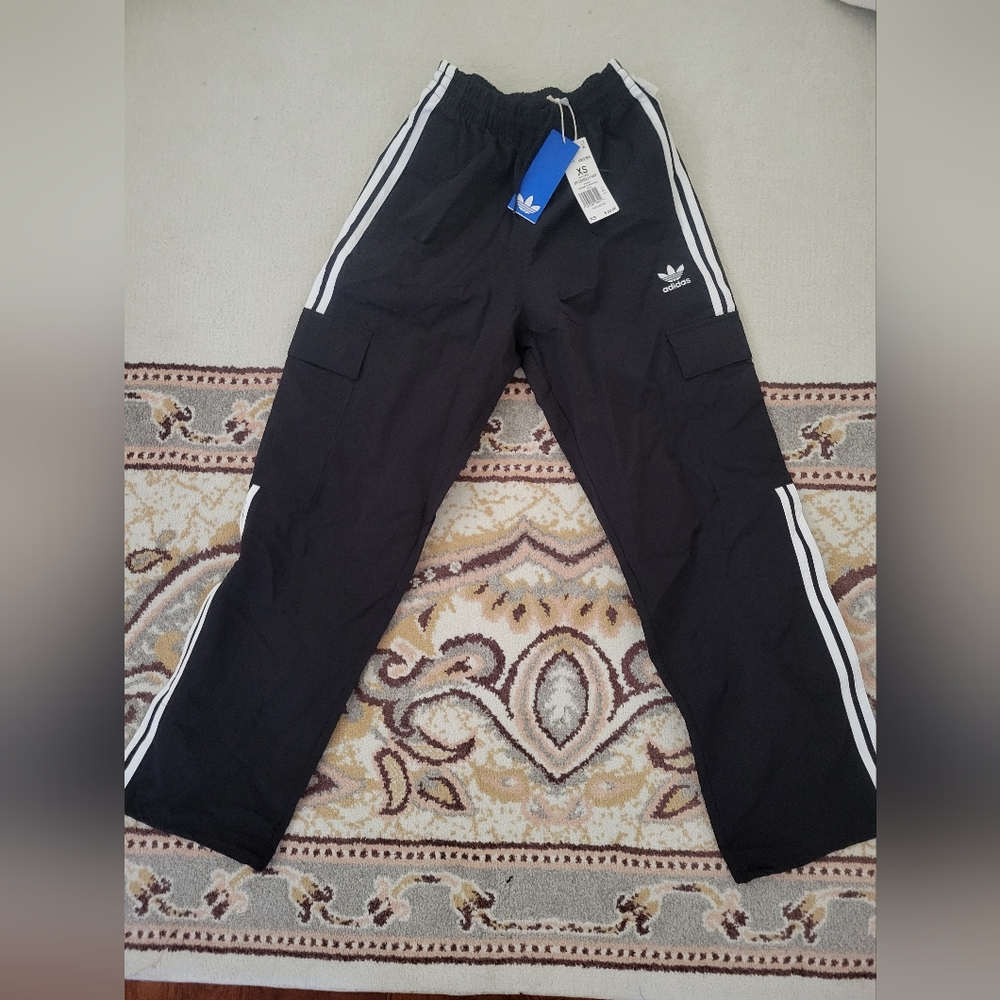 Adidas Black 3s Cargo Pants with White Stripes